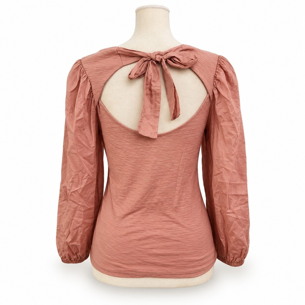 NATION LTD Size Small Shalom Tie Back Combo Tee Pink Puff Sleeve Pima Cotton Top